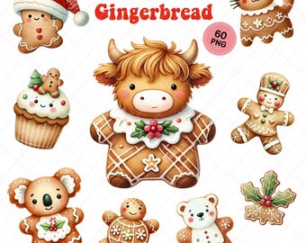 Puede incluir: Un conjunto de 10 ilustraciones de jengibre navideño lindas que incluyen una vaca de jengibre, un koala de jengibre, una tortuga de jengibre, un gato de jengibre, un oso de jengibre, un muñeco de nieve de jengibre, un cupcake de jengibre, un hombre de jengibre y una hoja de acebo de jengibre. Las ilustraciones son de estilo de dibujos animados y son perfectas para usar en manualidades navideñas, tarjetas y decoraciones.