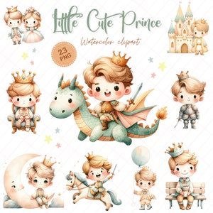 Kleiner Prinz Digitales Clipart-Set, süße königliche Charaktere und Fantasy-Elemente, hochwertige 300 dpi, Scrapbooking, Kinderparty-Einladungen