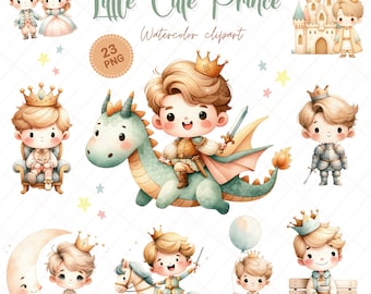 Little Prince Clipart Set – Watercolor Royal Characters, Fairytale Prince & Dragon PNGs (Digital Download)