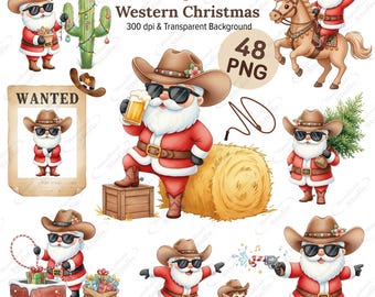 Cowboy Santa Clipart Bundle - Western Weihnachten Digital Art - Rodeo Santa PNG für Sublimation & Aufkleber