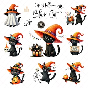 Halloween Cat Clipart Bundle, Witch Hats PNG for Digital Stickers & Sublimation, Kawaii Spooky Decor