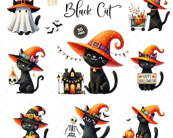 Halloween Cat Clipart Bundle, Witch Hats PNG for Digital Stickers & Sublimation, Kawaii Spooky Decor