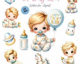 Puede incluir: Un conjunto de 37 imágenes de clipart de acuarela que presentan a un lindo bebé en varias poses. El bebé lleva un mameluco blanco y azul con un patrón de estrellas. El clipart incluye imágenes del bebé sosteniendo un globo que dice "Happy New Born", una botella, un sonajero, un caballito de balancín y un coche de juguete. El clipart es perfecto para crear invitaciones de baby shower, tarjetas y otros proyectos.