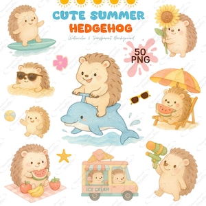 Cute Summer Hedgehog Clipart Bundle, Watercolor Beach Animals, Seasoning travel, summer vibe, Holiday relaxing, Nursery Printable, Kid decor