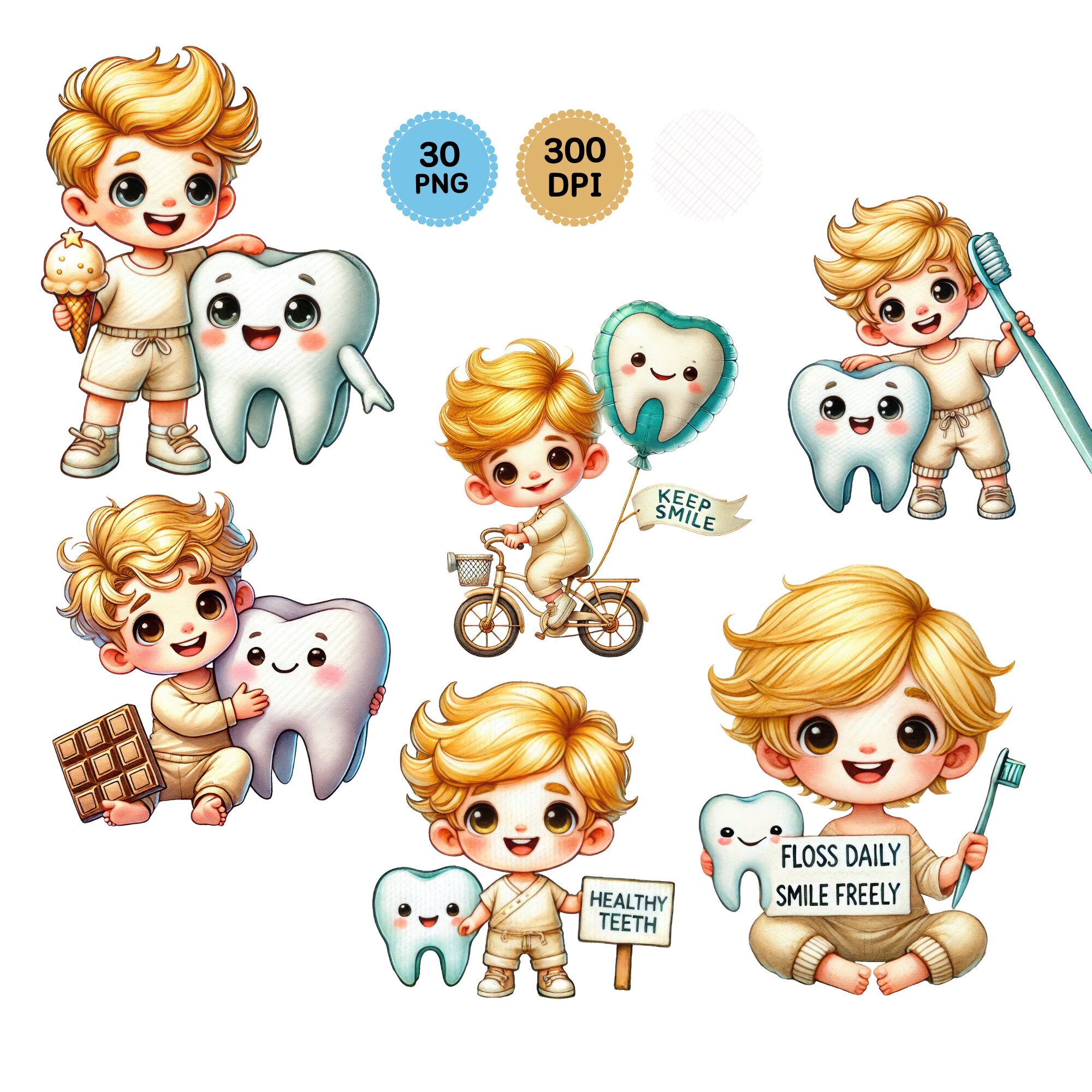 Adorable Kids Dental Care Stickers Set - Cute Boy With Tooth ...
