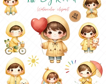 Puede incluir: Un conjunto de 33 ilustraciones de clipart de acuarela de un niño con un impermeable amarillo en varias poses. El niño sostiene un globo en forma de corazón, anda en bicicleta, sostiene un cachorro, sostiene un osito de peluche y camina con un paraguas. Las ilustraciones son perfectas para crear tarjetas, invitaciones y otros proyectos.