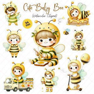 May include: A set of 34 watercolor clipart images featuring cute baby bees in various poses. The bees are wearing yellow and black bee costumes with wings and antennas. They are holding honey pots, riding scooters, and driving a honey truck. The images are perfect for adding a touch of whimsy to your projects.