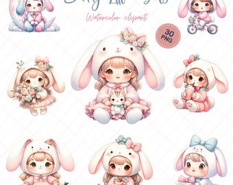 Bunny Girl Clipart: Kawaii Pastel Rabbit Illustrations (Digital Download)
