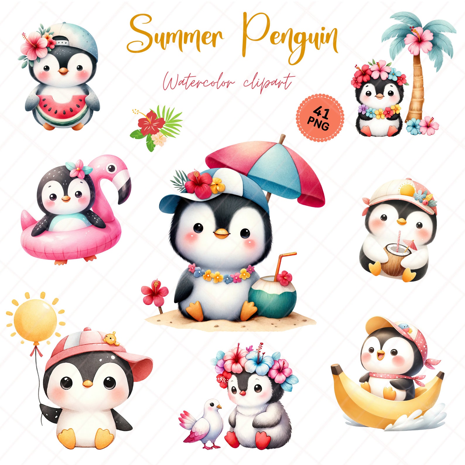 Summer Penguin Clipart, Cute Tropical Penguin Illustrations for