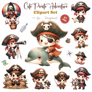 Cute Pirate Crew Collection for Kids, Pirate Adventure Clipart Set, Nursery Decoration, High-quality 300 dpi
