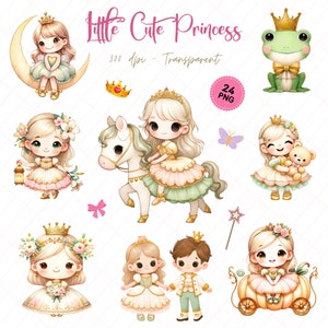 Betoverde prinses en sprookjesvrienden clipartcollectie, digitale sprookjesfiguren en kastelen, uitnodigingen voor kinderfeestjes, PNG - 300Dpi