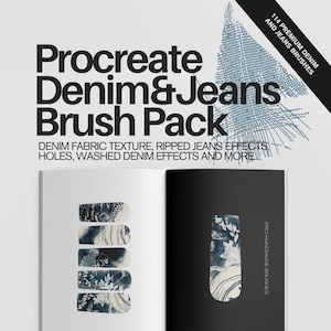 May include: A book open to a page showing a collection of 114 Procreate denim and jeans brushes. The brushes are displayed as swatches of blue and white denim fabric textures. The text "Procreate Denim & Jeans Brush Pack" is displayed on the cover of the book.