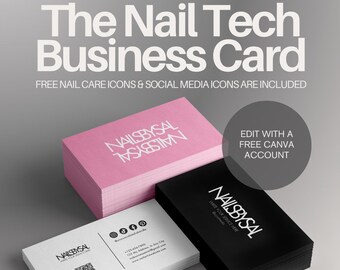 Redigerbart skönhetsvisitkort, visitkort för nageltekniker, rosa skönhetssalongskort, visitkortsmall för Canva, visitkort för lashtech, naglar