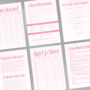 May include: A collection of pink and white printed sheets with text, including "Client Information," "Sign Up Sheet," and "Cancellation Policy." The sheets are arranged on a white surface, with a soft, feminine aesthetic.