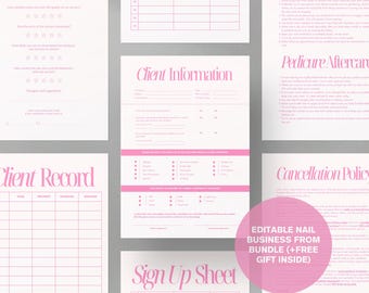 Bearbeitbare Nagel-Business-Formulare, Kundenzufriedenheitsumfrage, druckbare Nail-Tech-Form-Stornierungsrichtlinie, Maniküre-Nachsorge-Vorlagenpaket