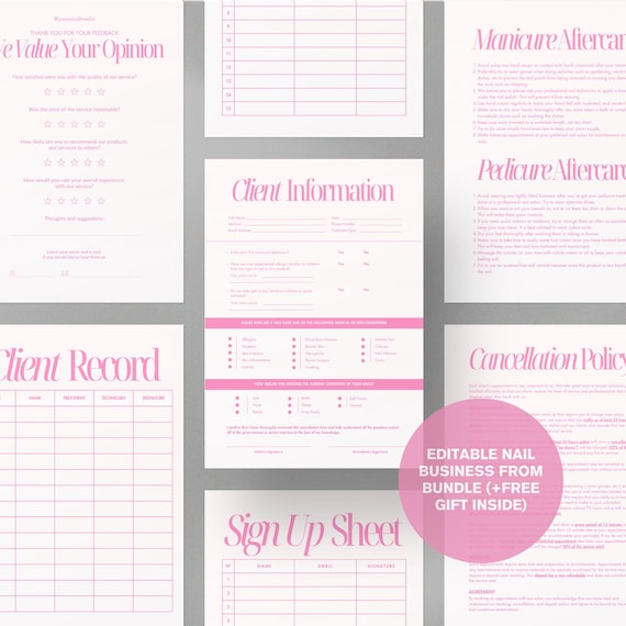 Editable Nail Business Forms, Customer Satisfaction Survey, Printable Nail Tech Form Cancellation Policy, Manicure Aftercare Template Bundle