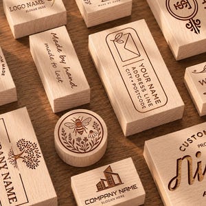 May include: A collection of rectangular and circular wooden rubber stamps featuring various engraved designs, including a bee with flowers, a tree, a building, and text such as Made by hand, Your Name Address Line, and Company Name Slogan Here.