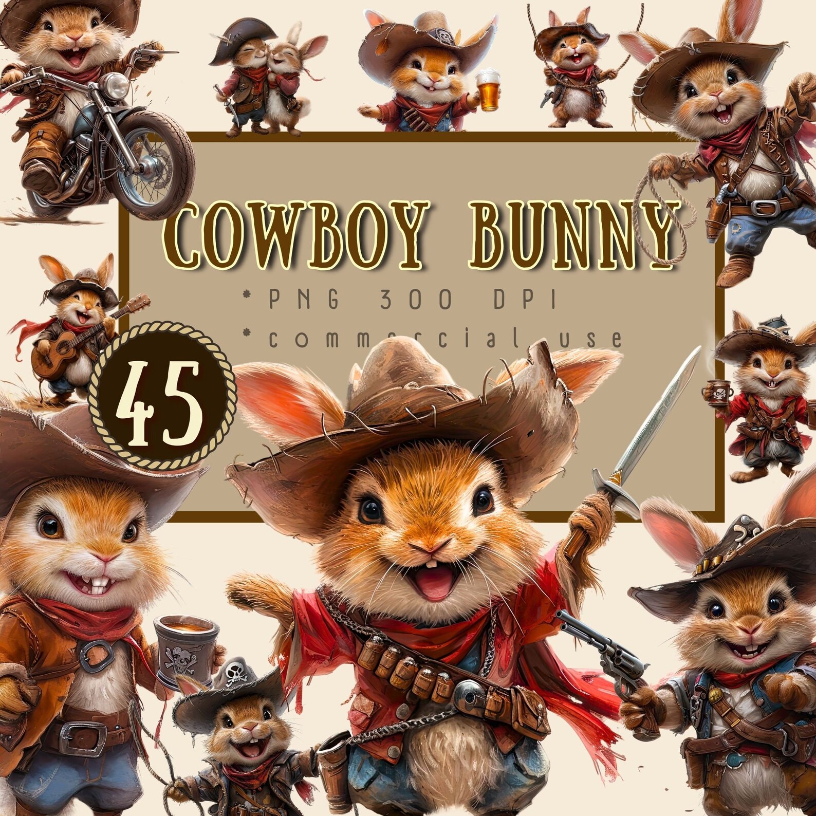 Watercolor Cowboy Bunny Clipart: Western Rabbit PNG (digital Download ...