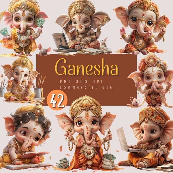 Ganesh Watercolor Clipart, 42 PNG High Quality, Cute Ganesh illustration, Royal elephant Bundle, Digital Download