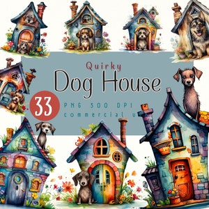 Schrullige Hundehaus Aquarell Clipart Bundle, 33 Hundehaus PNG, Bunte Hundehütte, Welpe Clipart, Hundeillustration, Haustierbilder PNG.