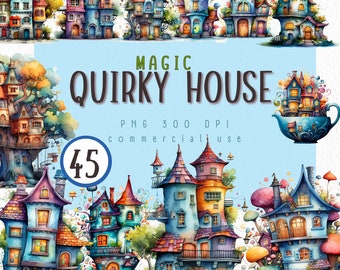 Watercolor House Clipart: 45 Magic Quirky PNG Illustrations (300 DPI Digital Download)