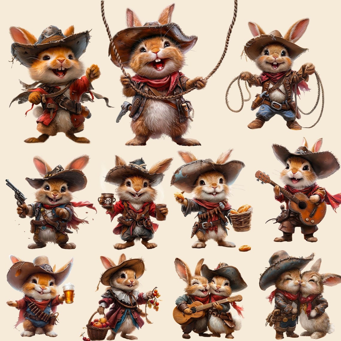 Watercolor Cowboy Bunny Clipart: Western Rabbit PNG (digital Download ...