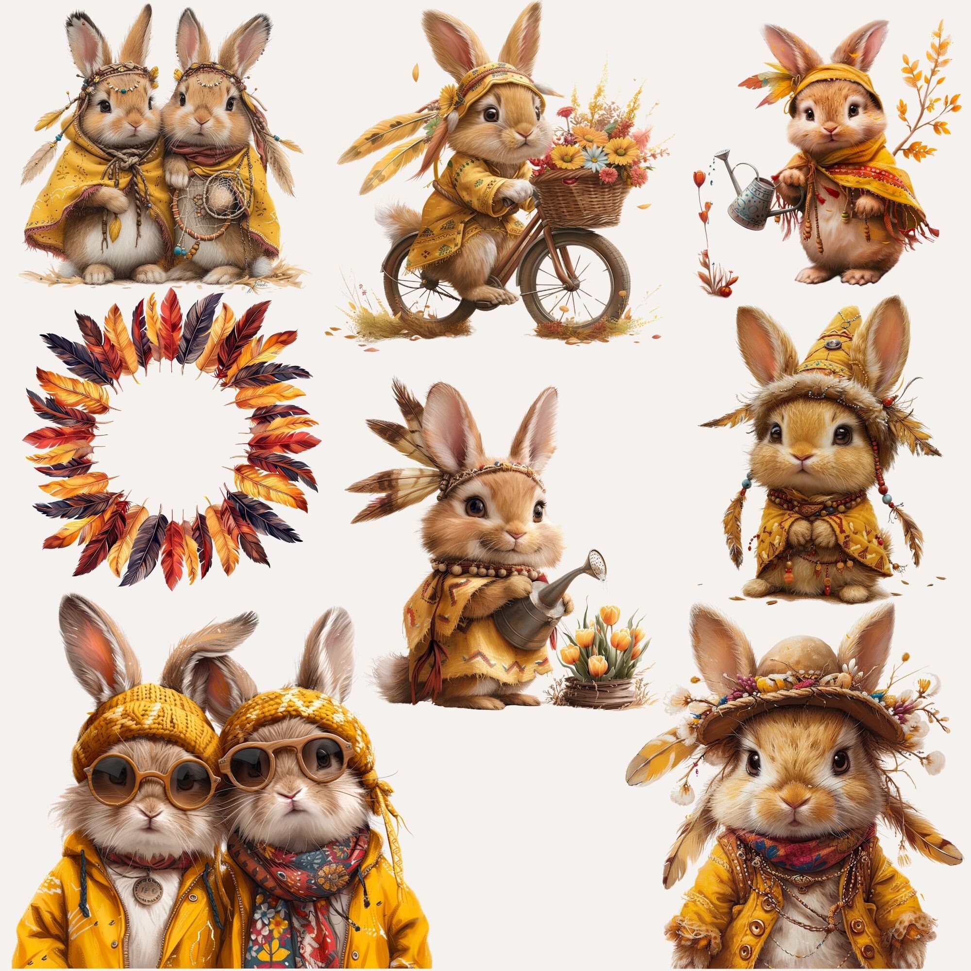 Boho Bunny Watercolor Clipart, 34 PNG High Quality, Boho Rabbit Bundle ...