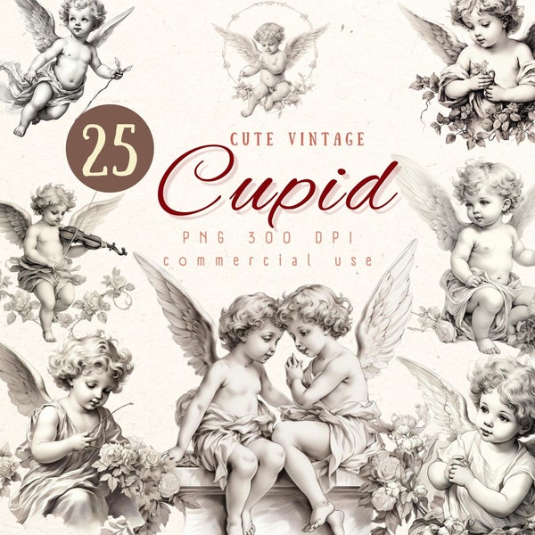 Cute Hand Drawn Cherubs Cupids clipart, Fine line art angel illustrations, Cherubs art wedding, cupid wedding card, Instant Download.