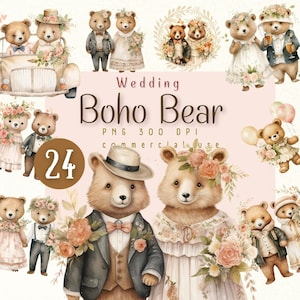 Aquarell Teddybär Hochzeit Clipart PNG, romantisches Boho Bärenpaar, Braut und Bräutigam Clipart, Hochzeitskarte, Boho Bär, digitaler Download