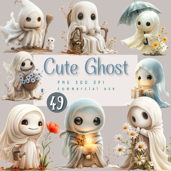 Watercolor cute Ghost Clipart, 49 PNG Baby Ghost Illustrations, spooky Halloween ghost digital Download.