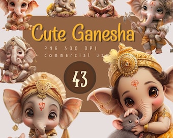 May include: A set of six digital illustrations of cute cartoon Ganesha, the Hindu god of wisdom and prosperity. Each illustration features Ganesha in a different pose and with different accessories, such as a book, a flower, and a mouse. The illustrations are in a cartoon style and are perfect for use in digital projects, such as social media posts, websites, and presentations.