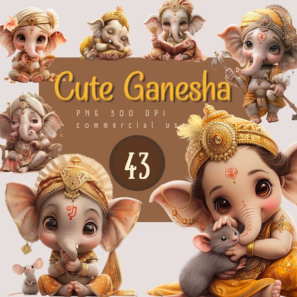 Baby Ganesh watercolor Clipart, 43 PNG High quality , Cute Ganesh illustration, royal elephant bundle, digital download, commercial use.