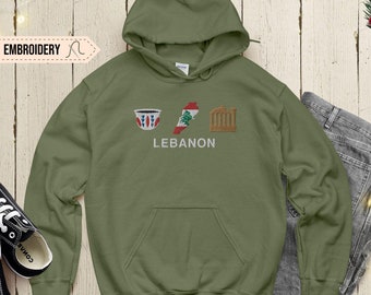 Lebanon Embroidered Hoodie, Lebanese Hooded Sweatshirt, Beirut Baalbek Lebanon Map, Embroidery Souvenir Lebanon Flag Sweater Shirt