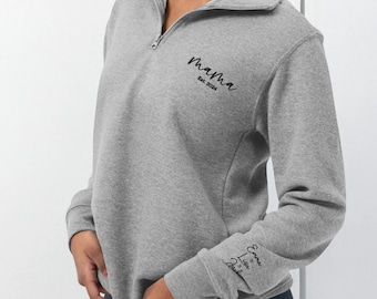 Custom Mama Embroidered Quarter Zip Sweatshirt Mama Established 2024 Kids Names on Sleeve New Mama Gift Mama Established Pullover Est Year