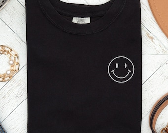 Happy Face Embroidered T-Shirt, Smile Comfort Colors® Tee Happy Unisex Crewneck Shirt Embroidered Tee, Retro Happy Custom Shirt
