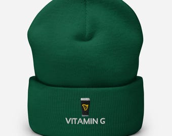 Vitamin G Guinness Embroidered Beanie | Beer Lover Winter Hat | Irish Pub Beanie | St Patrick’s Day Gift