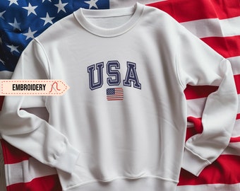 Embroidered USA Varsity Sweatshirt, Cute Crewneck Sweatshirt Summer 4th of July, Independence Day Red White and Blue United States America