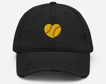 Softball Hat Embroidered Soft Ball Distressed Dad Hat Softballer Gift Softball Lover Cap Softball Heart