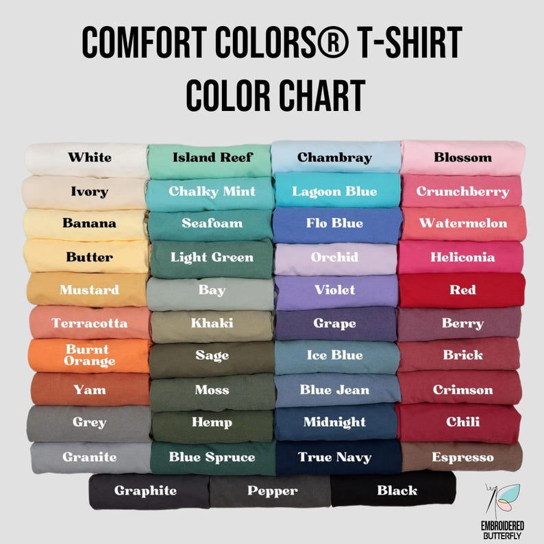 May include: A colour chart for Comfort Colors T-shirts, showcasing a range of hues like white, blue, pink, and green. The chart labels each colour, including "Blossom", "Lagoon Blue", and "Mustard". The image features the text "COMFORT COLORS T-SHIRT COLOR CHART".