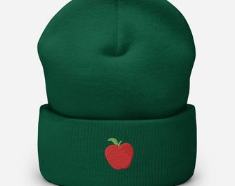 Apple Embroidered Beanie, Handmade Cuffed Knit Unisex Slouchy