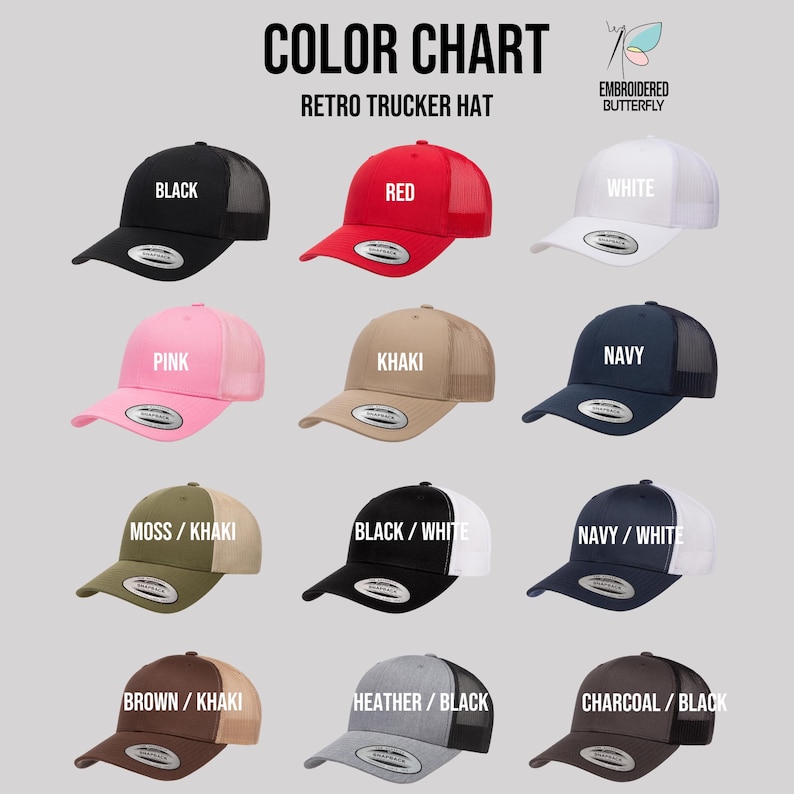 Pu&ograve; includere: Tabella colori che mostra 12 diverse opzioni di colore per un cappello da camionista retr&ograve;. Il cappello ha una parte posteriore in rete e un pannello anteriore pieno. I colori includono nero, rosso, bianco, rosa, kaki, blu navy, muschio/kaki, nero/bianco, blu navy/bianco, marrone/kaki, melange/nero e carbone/nero.