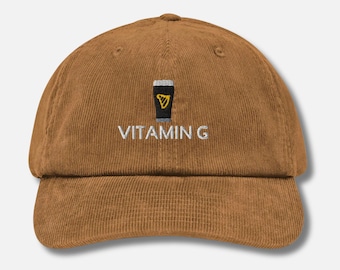 Vitamin G Corduroy Hat, Embroidered Guinness Beer Stout Cap Irish Guinness Dad Hat Beer Lover Gift