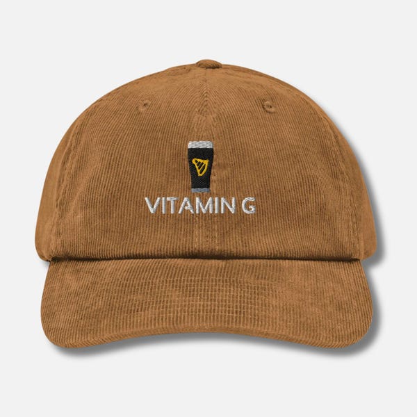 Vitamin G Corduroy Hat, Embroidered Guinness Beer Stout Cap Irish Guinness Dad Hat Beer Lover Gift
