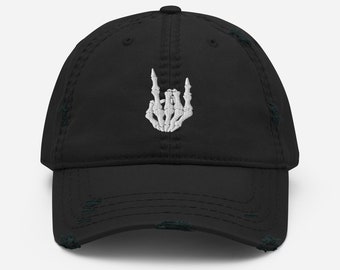 Skeleton Hand Embroidered Hat, Rock On Hand Cap, Distressed Black Dad Hat, Gothic Skull Hat, Rock Lover Gift