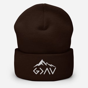 God is Greater Than Highs and Lows Beanie Embroidered God Mountain Cuffed Beanie God Is > Beanie God is> Bible Verse Embroidery