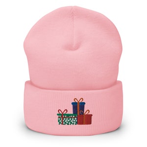 Xmas Gifts Embroidered Beanie, Christmas Gift Cuffed Beanie Pink Winter Hat Christmas Embroidery Gifts