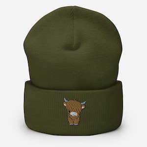 Scottish Highland Cow Embroidered Beanie, Cute Cow Winter Hat Animal Farm Lover Gift Color Cuffed Beanies Embroidery