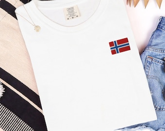 T-shirt Comfort Colors® brodé drapeau norvégien, chemise Norvège, cadeau héritage scandinave, t-shirt Nordic Pride, t-shirt en coton unisexe