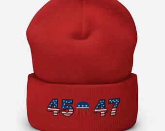 Gorro de invierno con puños de Trump 2024, gorro bordado 45-47, gorro de invierno con puños de MAGA republicano, regalo para el ganador de las elecciones de EE. UU. 45 47, partidarios