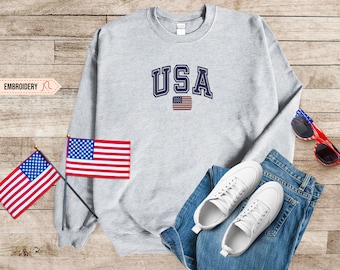 Broderad retro USA-tröja | Dam patriotisk 4 juli-tröja, Dam 4 juli-tröja Vintage USA-tröja med flagga